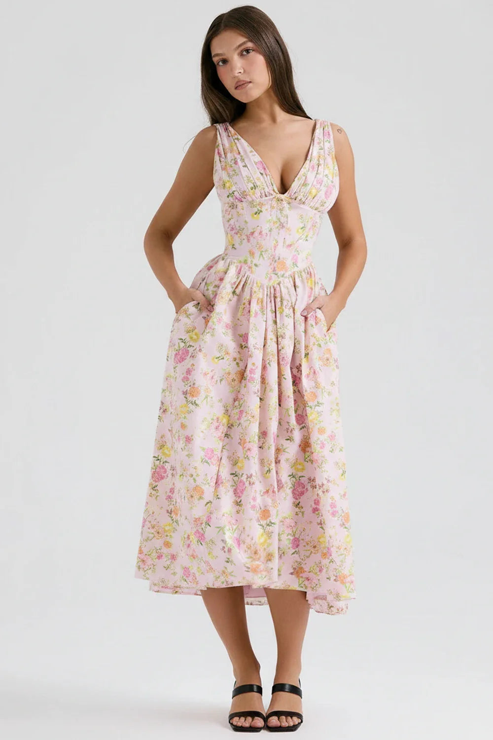 V-Neck A-Line Midi Dress for Women