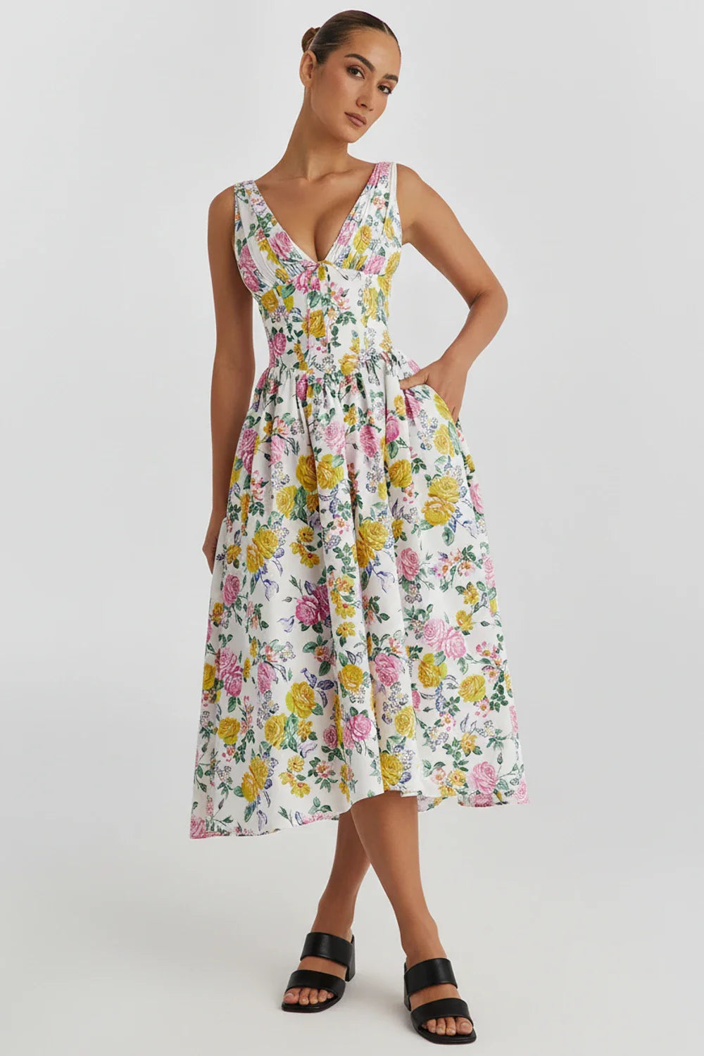 V-Neck A-Line Midi Dress for Women