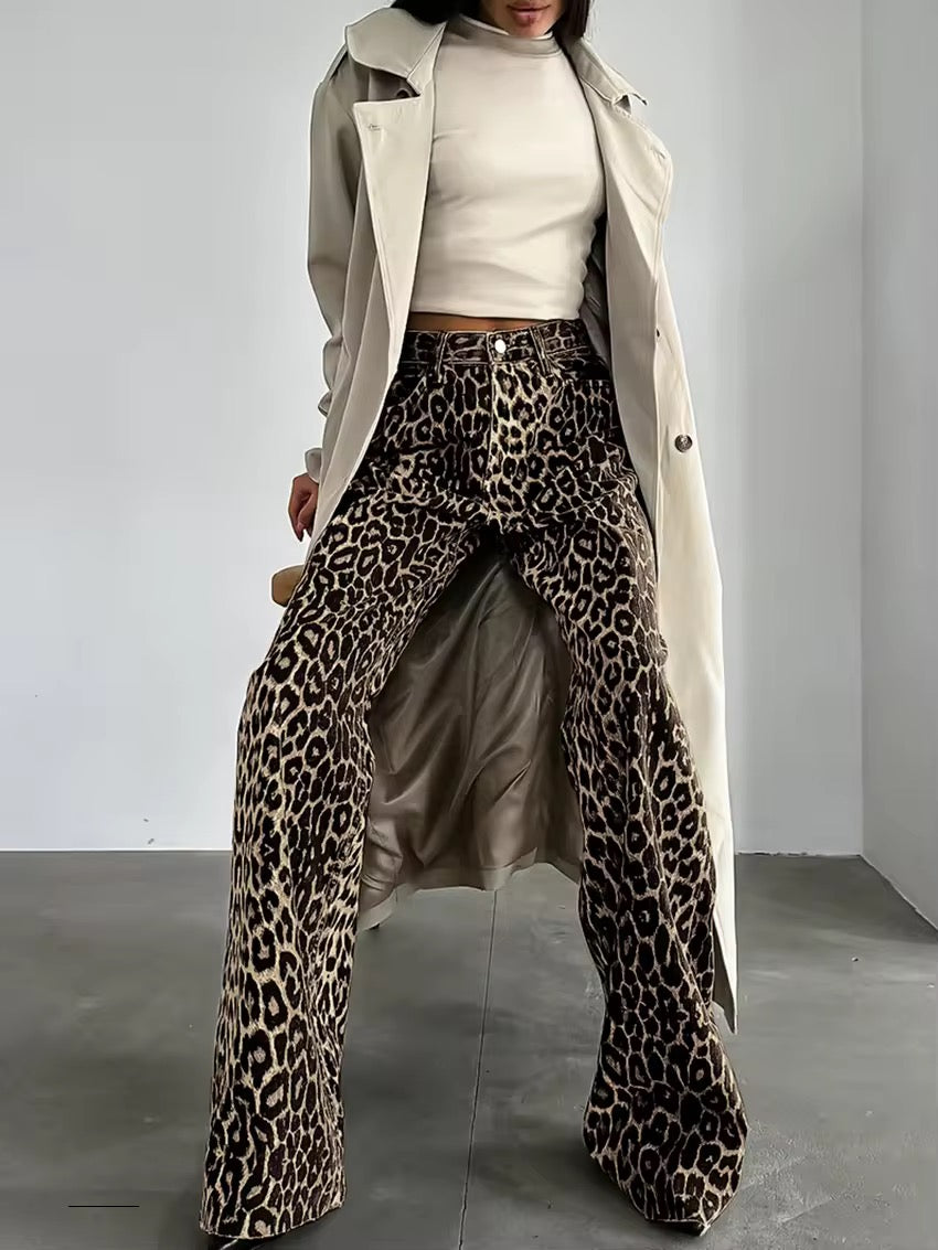 Amanda | Women's High-Waisted Leopard Print Wide Leg Jeans