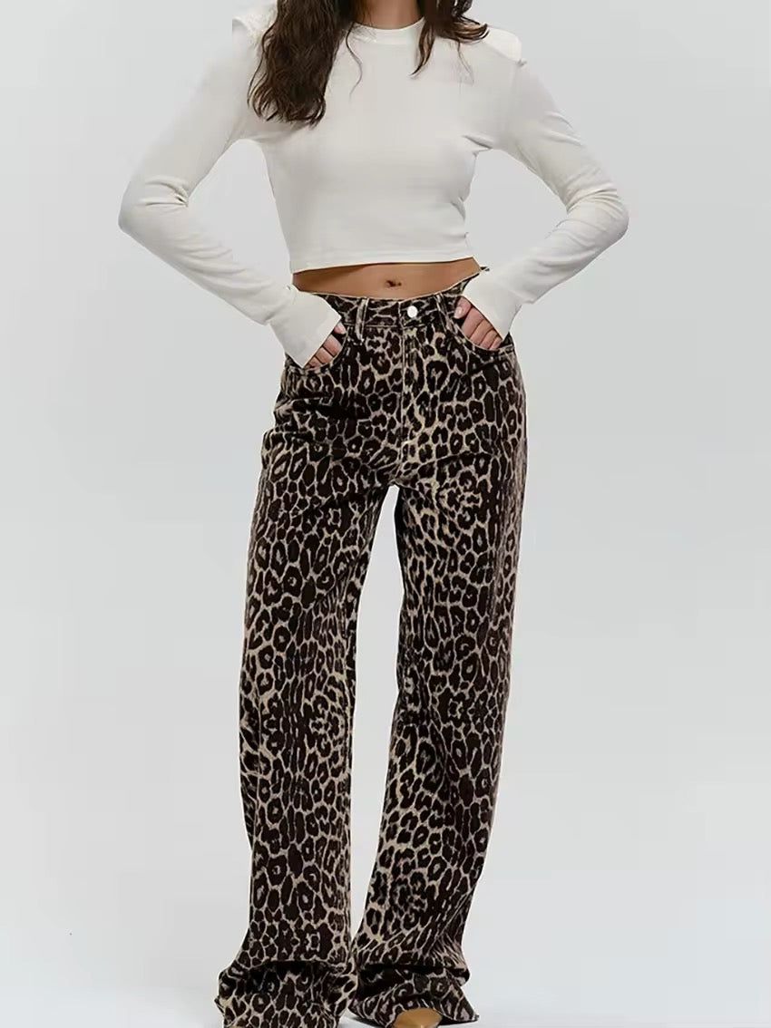 Amanda | Women's High-Waisted Leopard Print Wide Leg Jeans