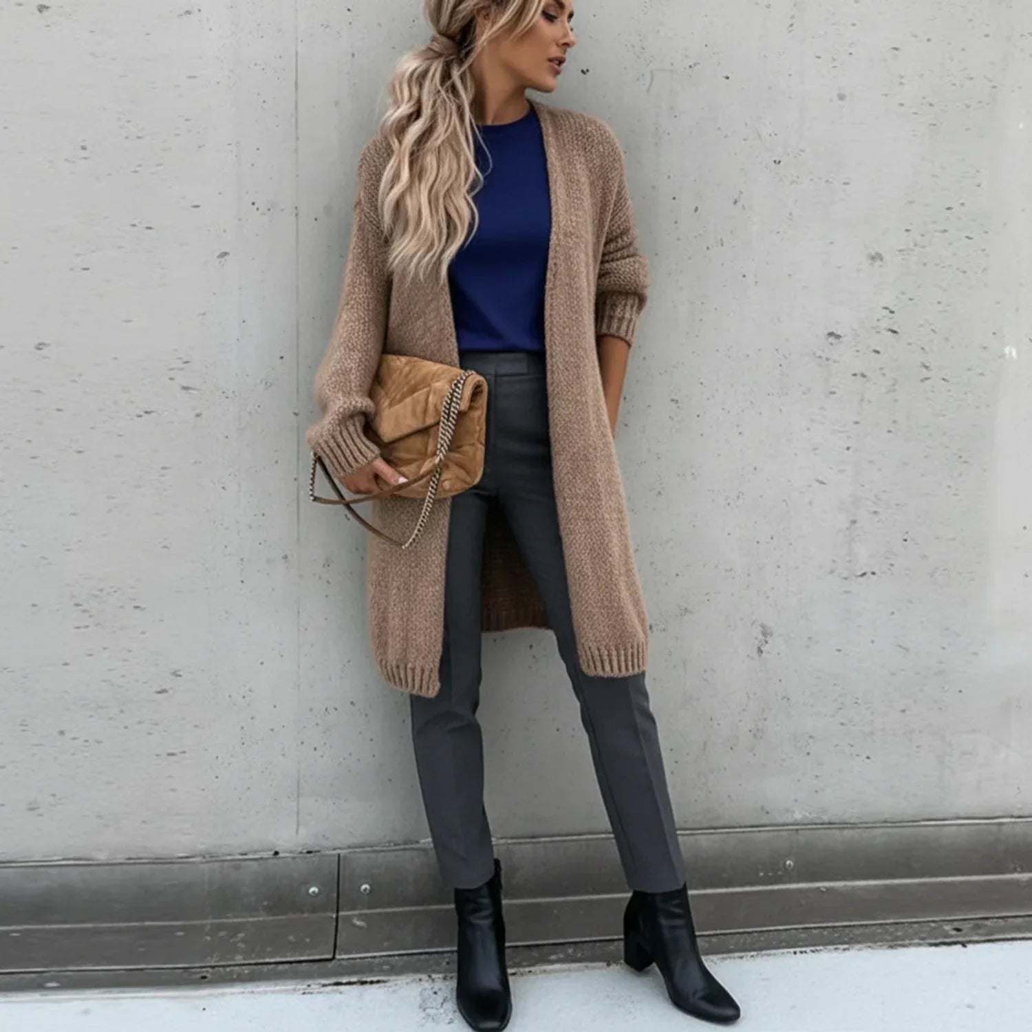 Relaxed Fit Long Open Front Cardigan for Women