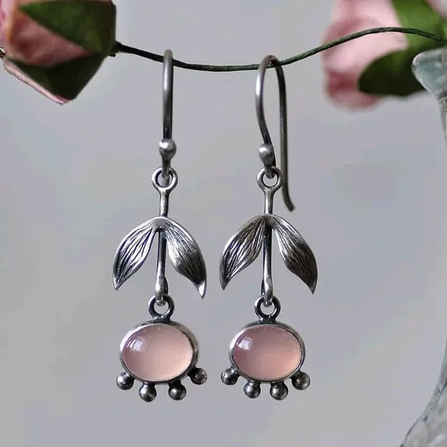 Handmade Silver Leaf & Pink Gemstone Earrings