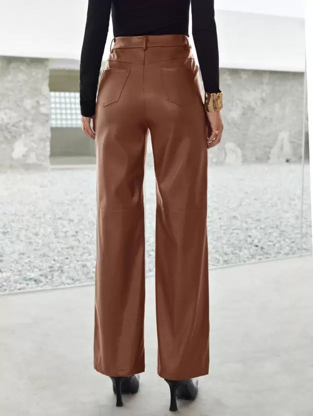 Roxanne | Women's High-Waisted Faux Leather Wide Leg Pants