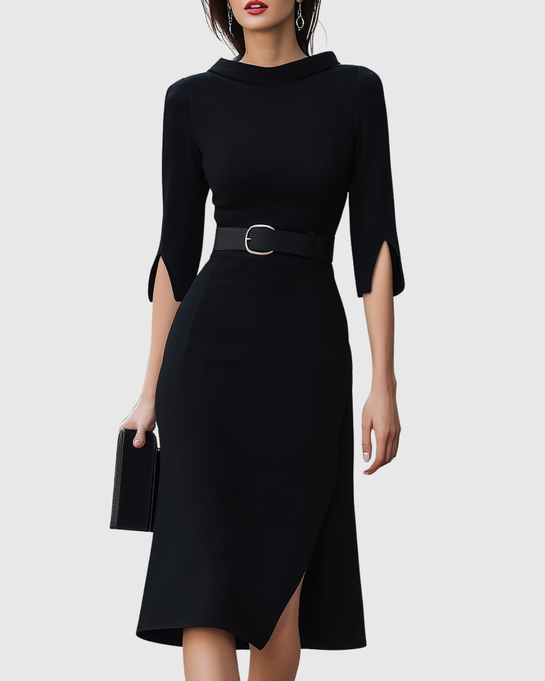 Sophia | Women Classic Black Belted Midi Dress